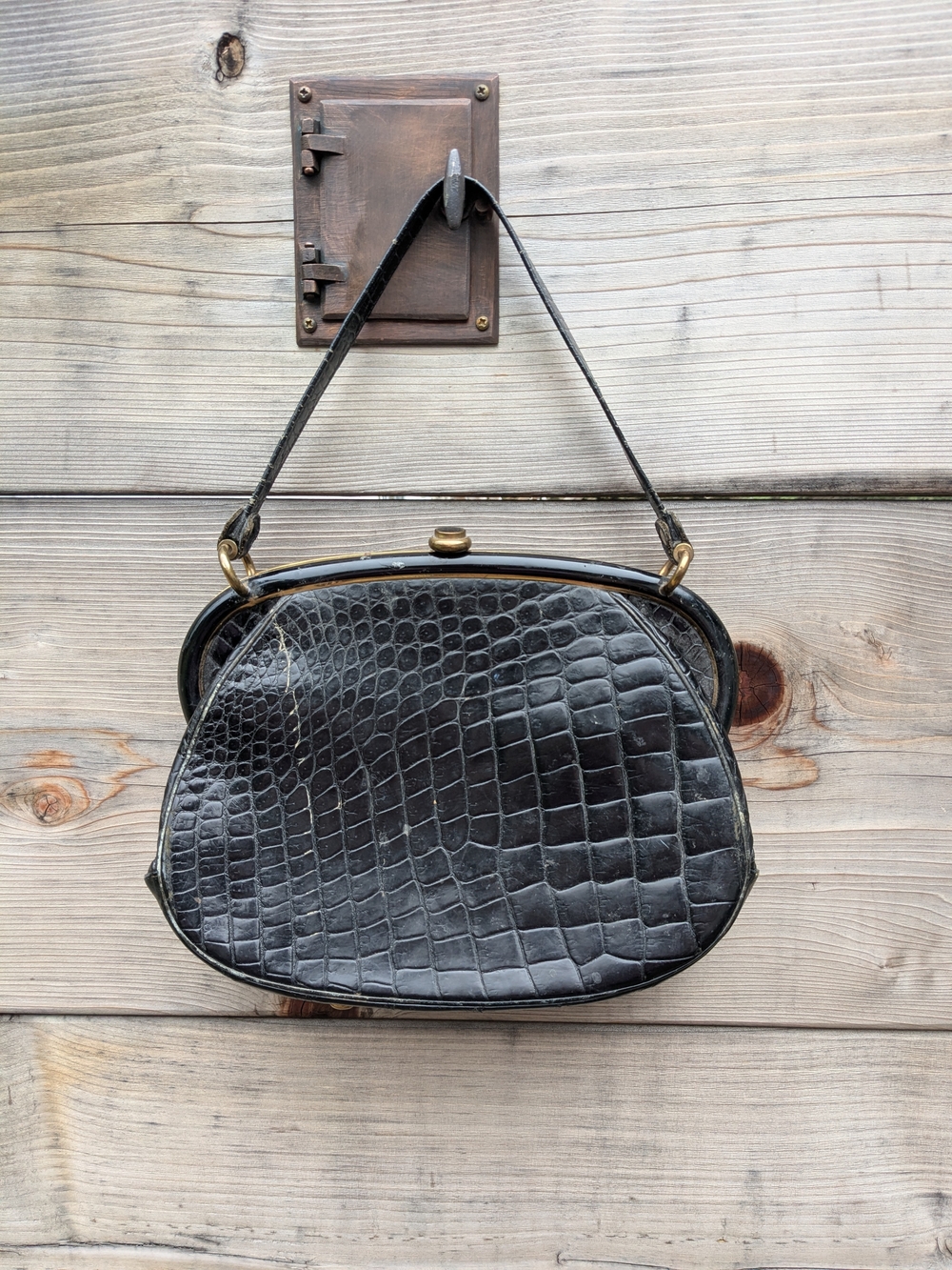 Black Croc-Embossed Frame Top Handle Bag - Classic Women's Purse